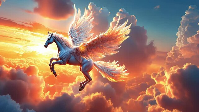 Winged white horse flying above the clouds, generative ai