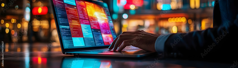 Poster night city programmer, coding on laptop with colorful displays, illuminated by city lights