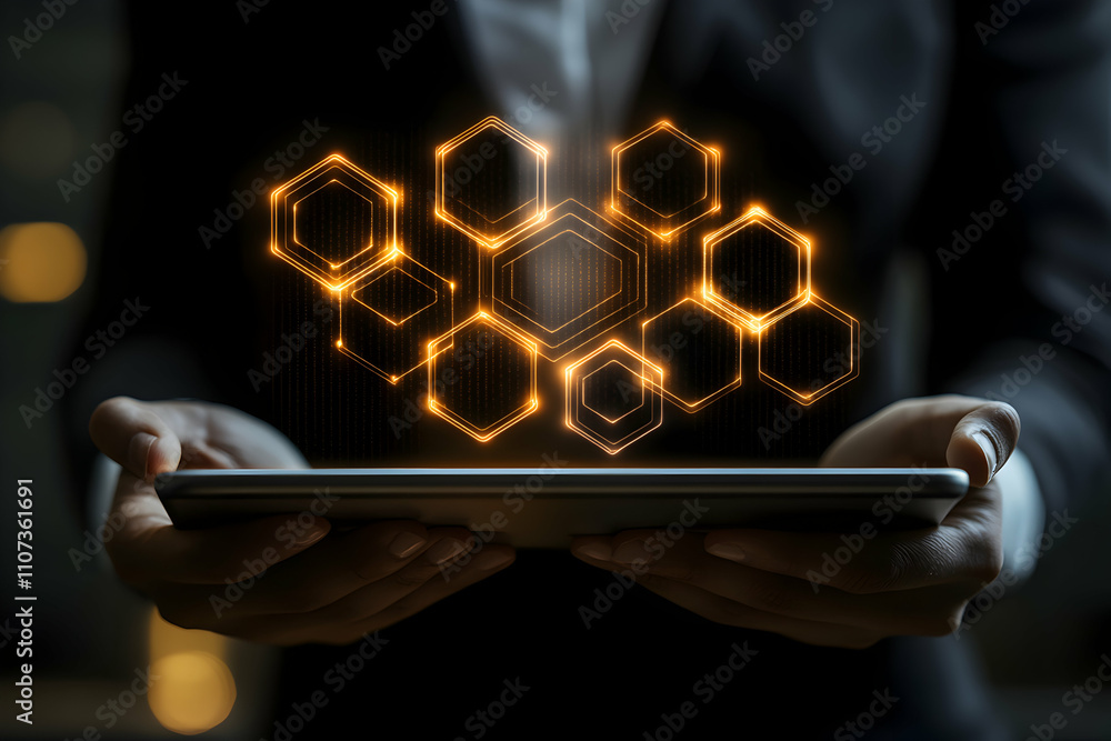 Poster abstract hexagon network, digital technology on tablet display