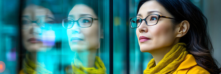 Obraz premium Woman in Yellow Coat Gazes Pensively Through Glass, Reflecting Urban Lights, Contemplative Mood, Abstract Background