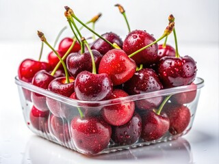 Low Light Photography: Juicy Organic Cherries Close Up in Plastic Box - Fresh Fruit Image