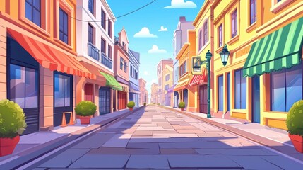 Fototapeta premium A Colorful Cartoon Illustration of a Sunny Day in a European City Street