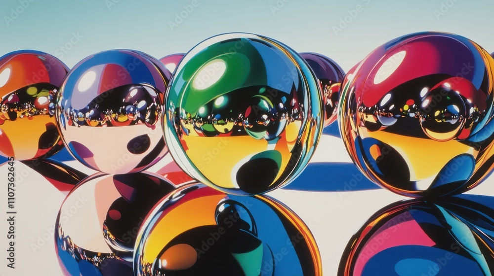 Poster colorful, reflective spheres arranged in a row, reflecting distorted versions of each other.
