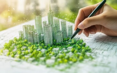 A close-up shot of a person sketching a city skyline with green trees and buildings on paper, symbolizing sustainable architecture. 