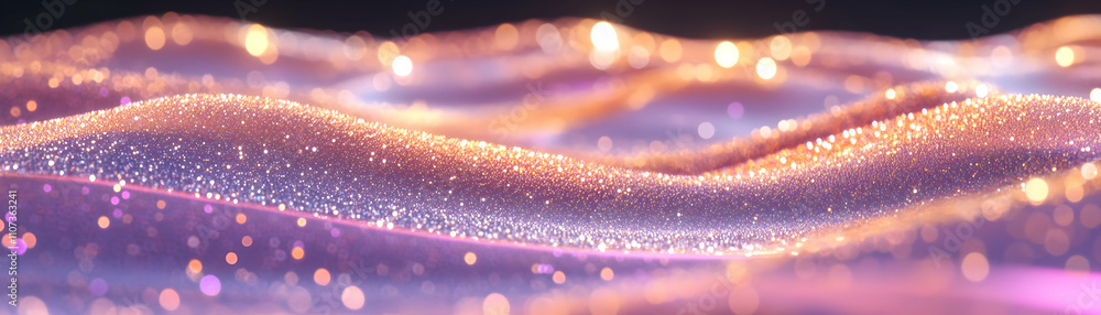 Poster abstract glittering waves, shimmering golden and purple particles flowing dynamically across a dark 