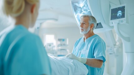 Senior surgeon in operating room with medical equipment. Horizontal banner for healthcare facilities, surgical centers, medical education, hospital marketing, healthcare professional recruitment