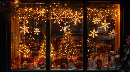 Obraz premium A shop window adorned with glittering Christmas lights, snowflakes, and festive holiday displays