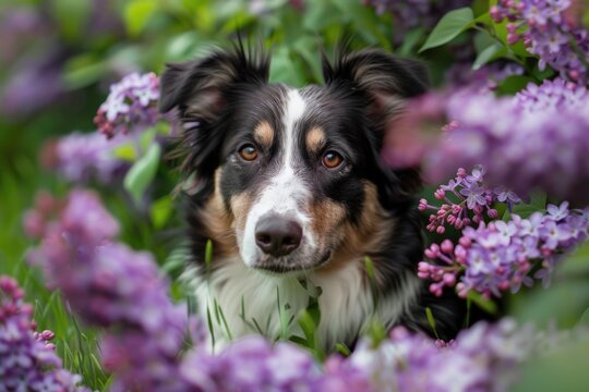 Dog Flower. Beautiful Portrait of a Cute Dog in Lilac Flowers on a Summer Day