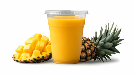 Refreshing Pineapple Smoothie,  A vibrant, yellow tropical fruit drink in a clear plastic cup, accompanied by fresh, diced pineapple pieces and whole fruit.