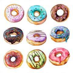Fototapeta premium Donut Illustration. Hand Painted Watercolor Set of Colorful Glazed Desserts. Bakery and Cafe Concept