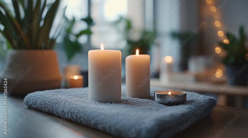 Aufkleber A serene setting with candles on a towel, creating a calming atmosphere.
