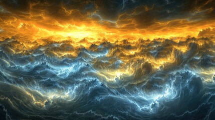Fototapeta premium Fiery, turbulent cloudscape with mountainous terrain.