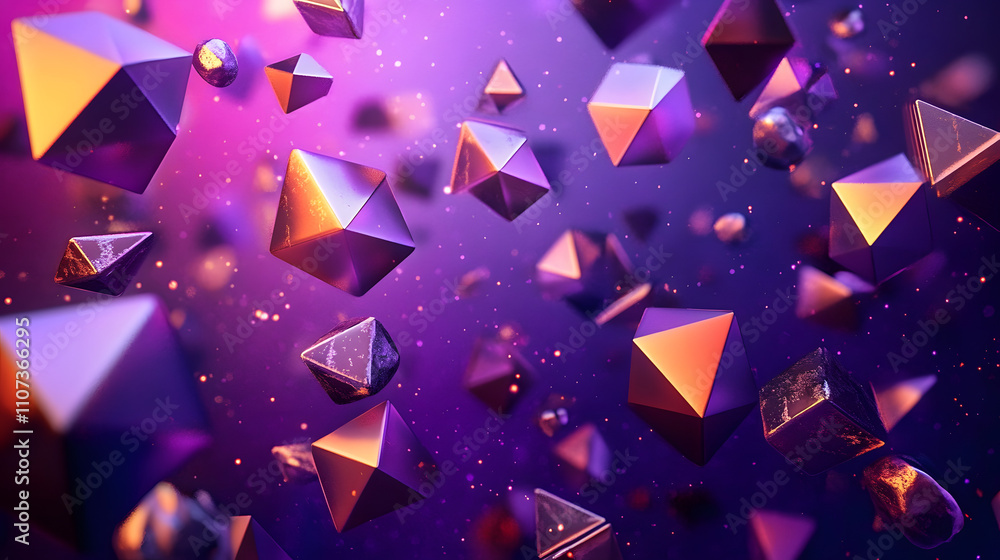 Poster a purple background with many 3d geometry objects scattered throughout. the objects are of different