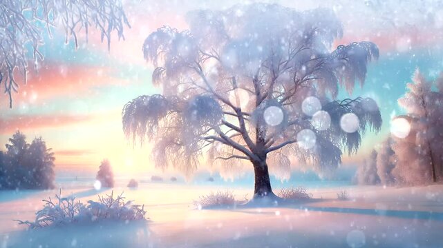 Majestic winter tree covered in snow under pastel sky. Scenic concept Seamless looping 4k time-lapse animation video background  