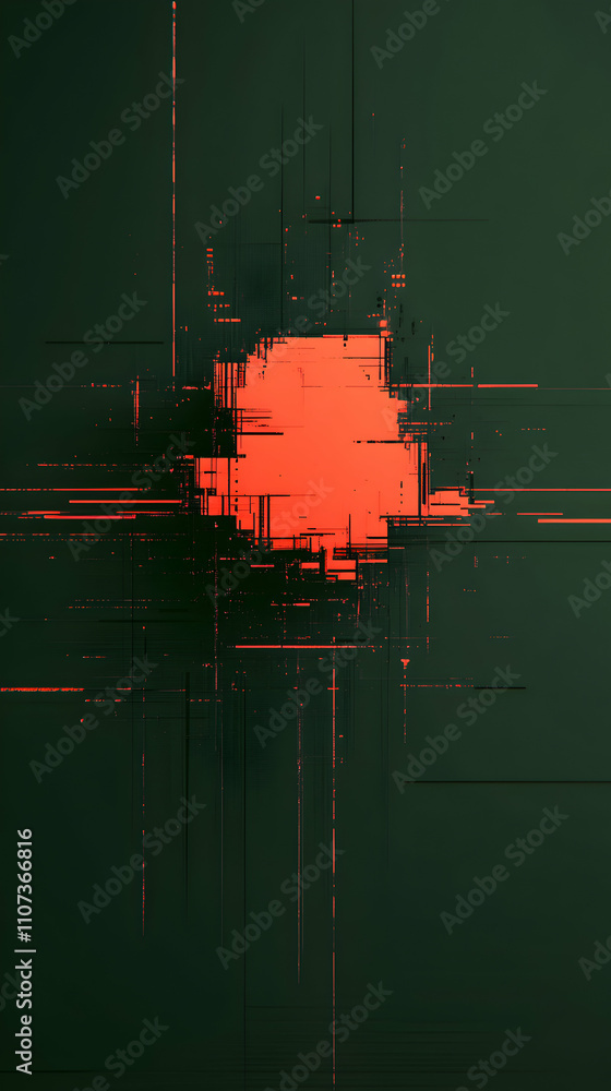 Poster abstract glitch art, orange burst in dark green, digital lines intersect and overlay, creating a dis