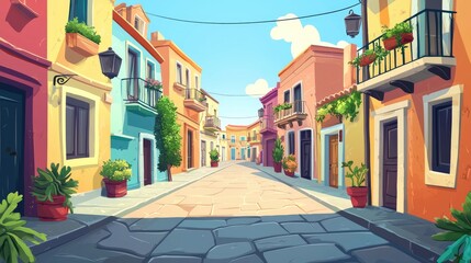 Fototapeta premium A Sunlit Cobblestone Street Lined with Colorful Mediterranean Buildings