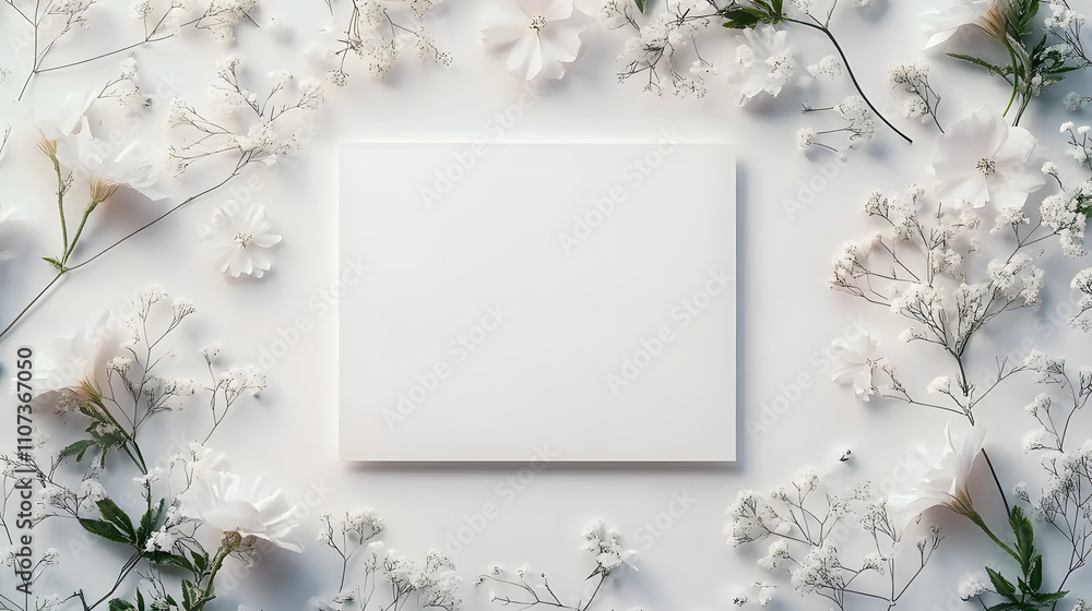 Aufkleber 3. an artistic rendering of a blank white wedding invitation surrounded by delicate floral elements,