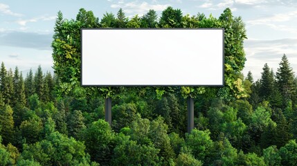 A blank billboard surrounded by lush greenery, set against a backdrop of trees and a clear sky, symbolizing nature and advertising potential.