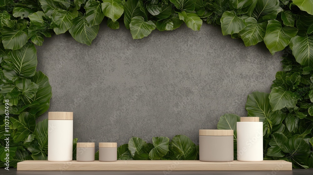 Poster a minimalistic shelf adorned with greenery, showcasing containers against a textured background, cre