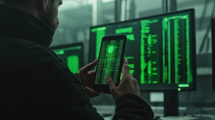 Focused hacker examining tablet with green code.