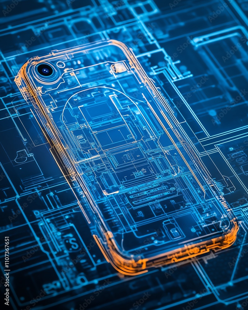 Leinwandbilder a detailed blueprint of a smartphone on a circuit board, showcasing intricate lines and designs, rep