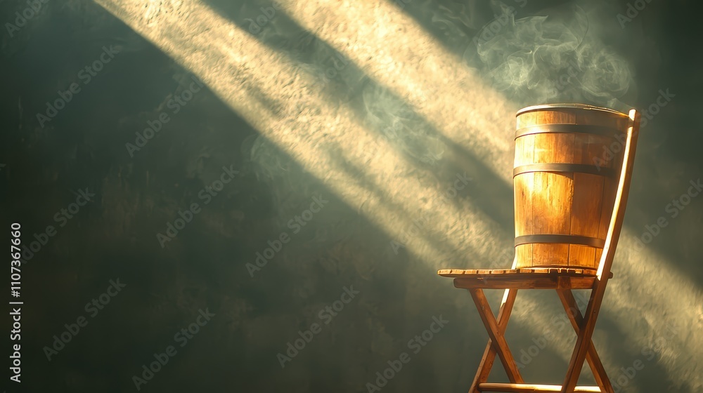 Poster a rustic wooden chair with a barrel, illuminated by soft rays of light in a moody atmosphere.