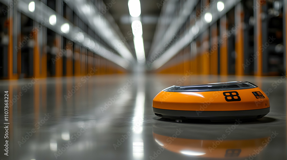 Poster warehouse automation, orange robot navigating modern storage facility aisles efficiently