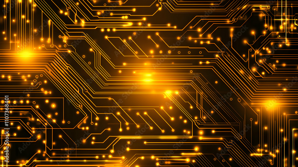 Poster abstract golden circuit board background, intricate technology design with glowing lines and nodes, 