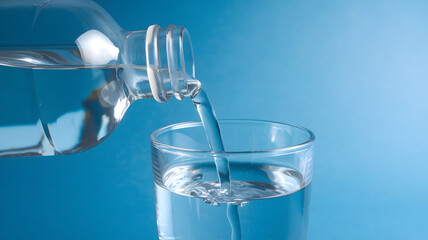 Water is Poured from a Transparent Bottle into a Glass on a Blue Background