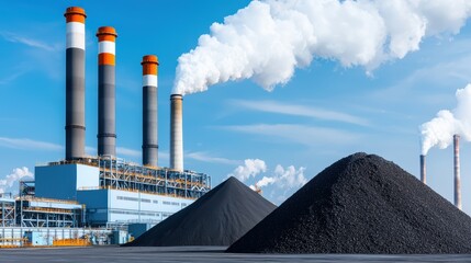 A coal power plant with towering smokestacks emits white smoke, surrounded by large coal piles under a clear blue sky.