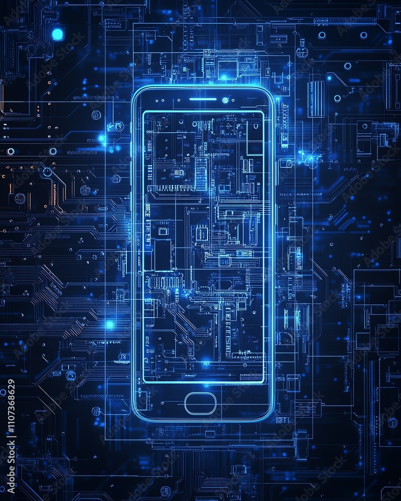 Poster a highly detailed blueprint of a smartphone on a circuit board, with sharp, intricate lines, embodyi