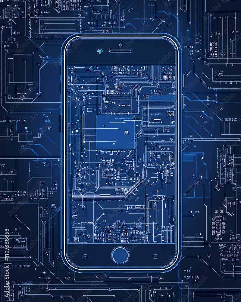 Poster a highly detailed blueprint of a smartphone on a circuit board, with sharp, intricate lines, embodyi