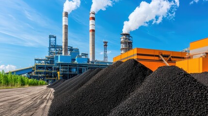 A coal power plant with tall smokestacks, emitting white smoke, beside large mounds of coal against a clear blue sky.