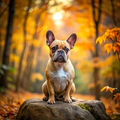 Fototapeta premium French bulldog sitting on a rock surrounded by colorful autumn foliage in a forest