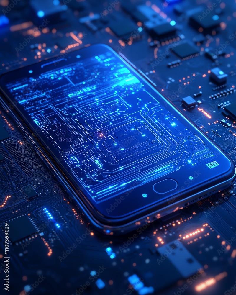 Poster a refined blueprint of a smartphone on a circuit board, featuring intricate details and fine lines, 