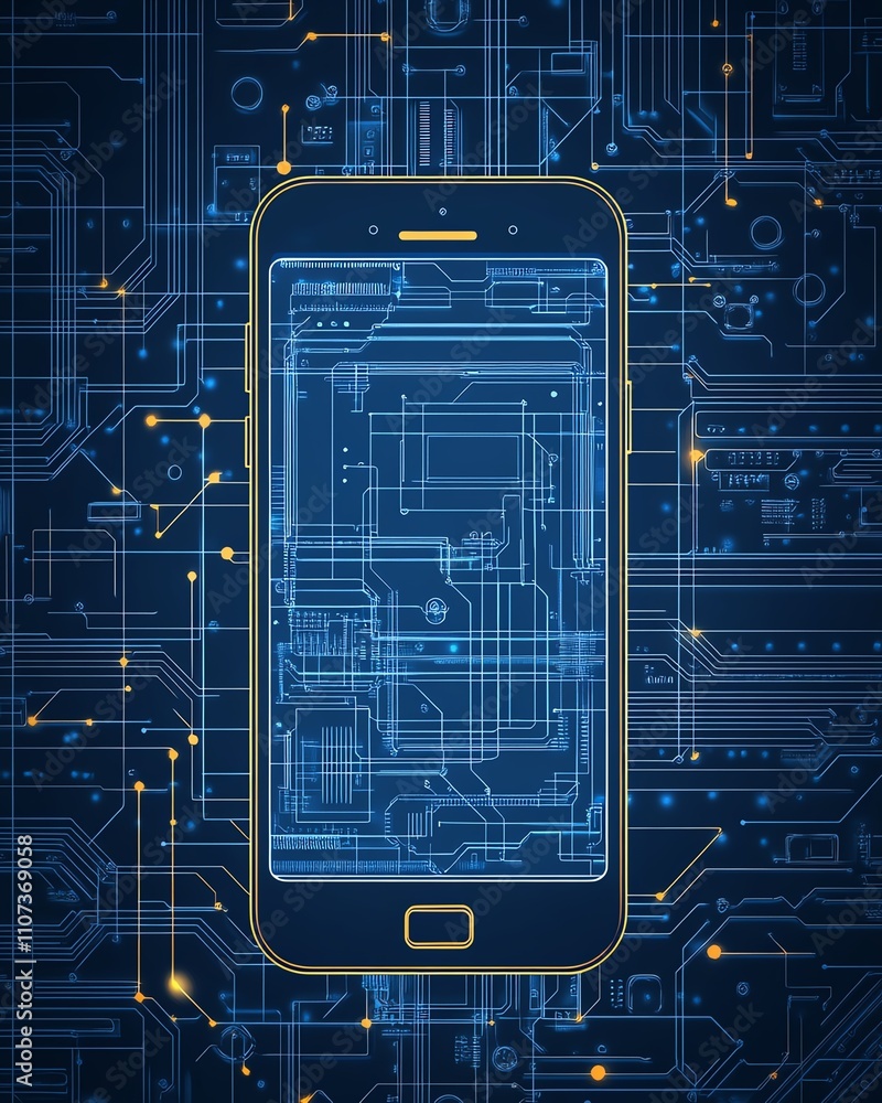 Poster a refined blueprint of a smartphone on a circuit board, featuring intricate details and fine lines, 