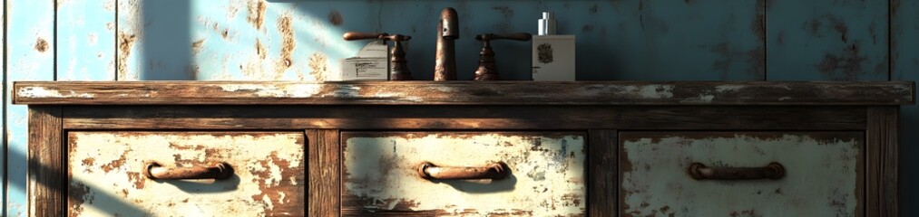 A rustic bathroom sink with worn wooden cabinetry and vintage fixtures.