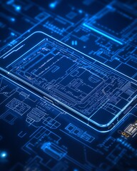A refined blueprint of a smartphone on a circuit board, featuring intricate details and fine lines, representing technical precision and minimalist design