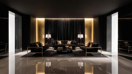 A modern, stylish interior featuring a sleek lounge area with elegant furnishings, ambient lighting, and a polished floor, creating a sophisticated atmosphere.