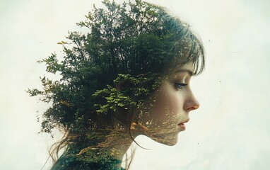 A stunning double exposure of a womans profile with a forest of greenery inside her head, symbolizing inner peace and the power of nature