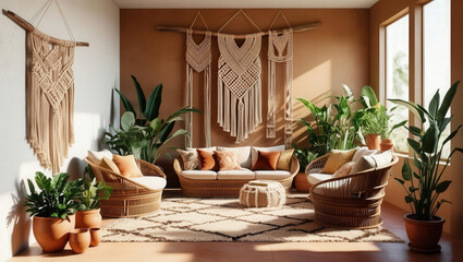 Fototapeta premium A cozy, bohemian living room featuring macrame wall art, rattan furniture, earthy tones, and lush greenery for a tranquil atmosphere.