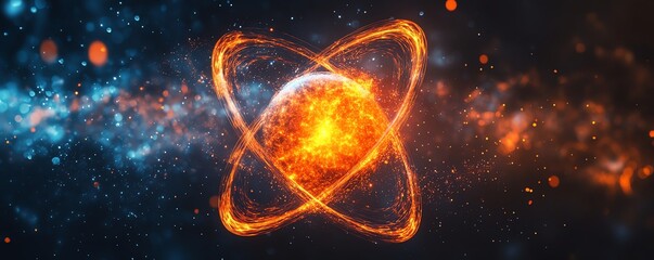 Obraz premium A vivid atom symbol with vibrant orange pathways orbiting around a central nucleus, against a dark cosmic background, symbolizing the building blocks of the universe
