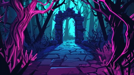 Fototapeta premium Stone Archway Leading Through a Gloomy Forest with a Glowing Path