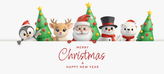 Naklejka premium A 3D set of cheerful Christmas characters, including Santa Claus, reindeer, snowman, penguin, and polar bear, smiling and waving. Festive holiday designs with gifts, hats, and decorations. Not AI.