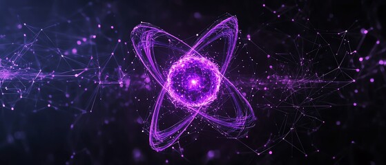 An atom symbol with radiant violet pathways orbiting a central nucleus, depicted on a dark background, illustrating the power of atomic structure