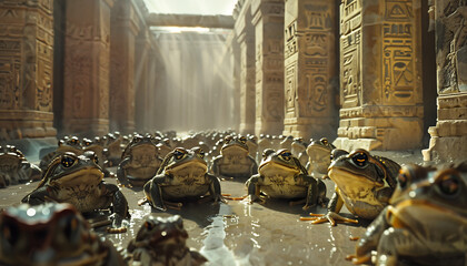 The Second plague of Egypt, Plague of Toads Swarm in Egyptian Temples, Illustration from the Book of Exodus
