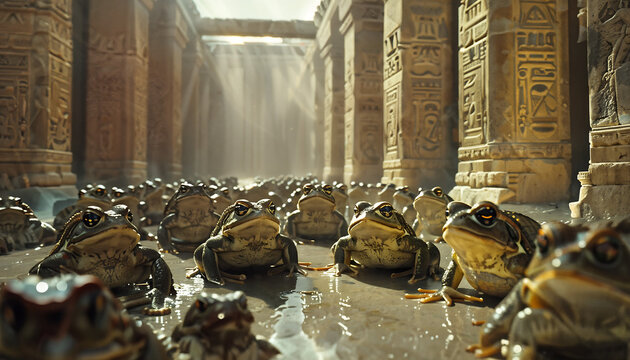 The Second plague of Egypt, Plague of Toads Swarm in Egyptian Temples, Illustration from the Book of Exodus

