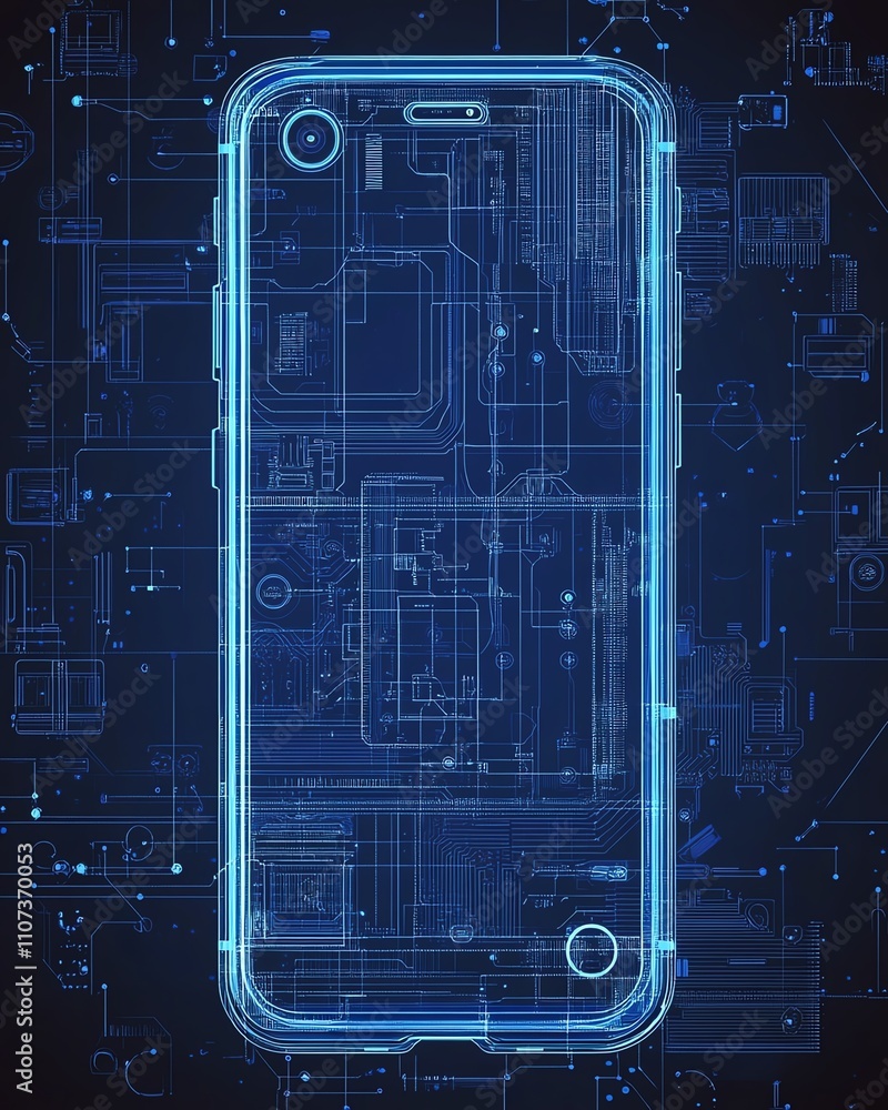Poster an elegant blueprint of a smartphone on a circuit board, with intricate details and precise lines, s