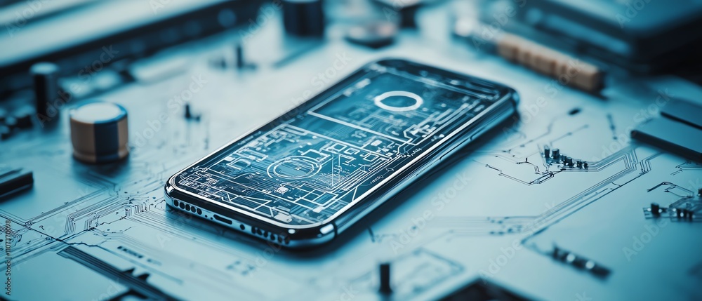 Aufkleber an elegant, intricate blueprint of a smartphone on a circuit board, symbolizing the intersection of 