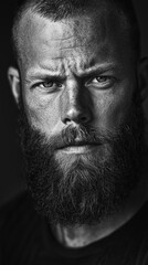 Obraz premium Closeup black and white portrait of a man with a full beard and intense expression. His furrowed brow and direct gaze convey seriousness and strength. The image is sharply focused